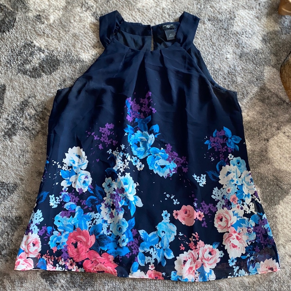NWOT Ann Taylor Navy Floral Chiffon Blouse